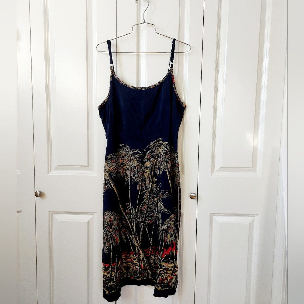 Navy Blue Silk Hawaiian Slip Dress Palm Trees size 18 Hilo Hattie Hawaii Cruise